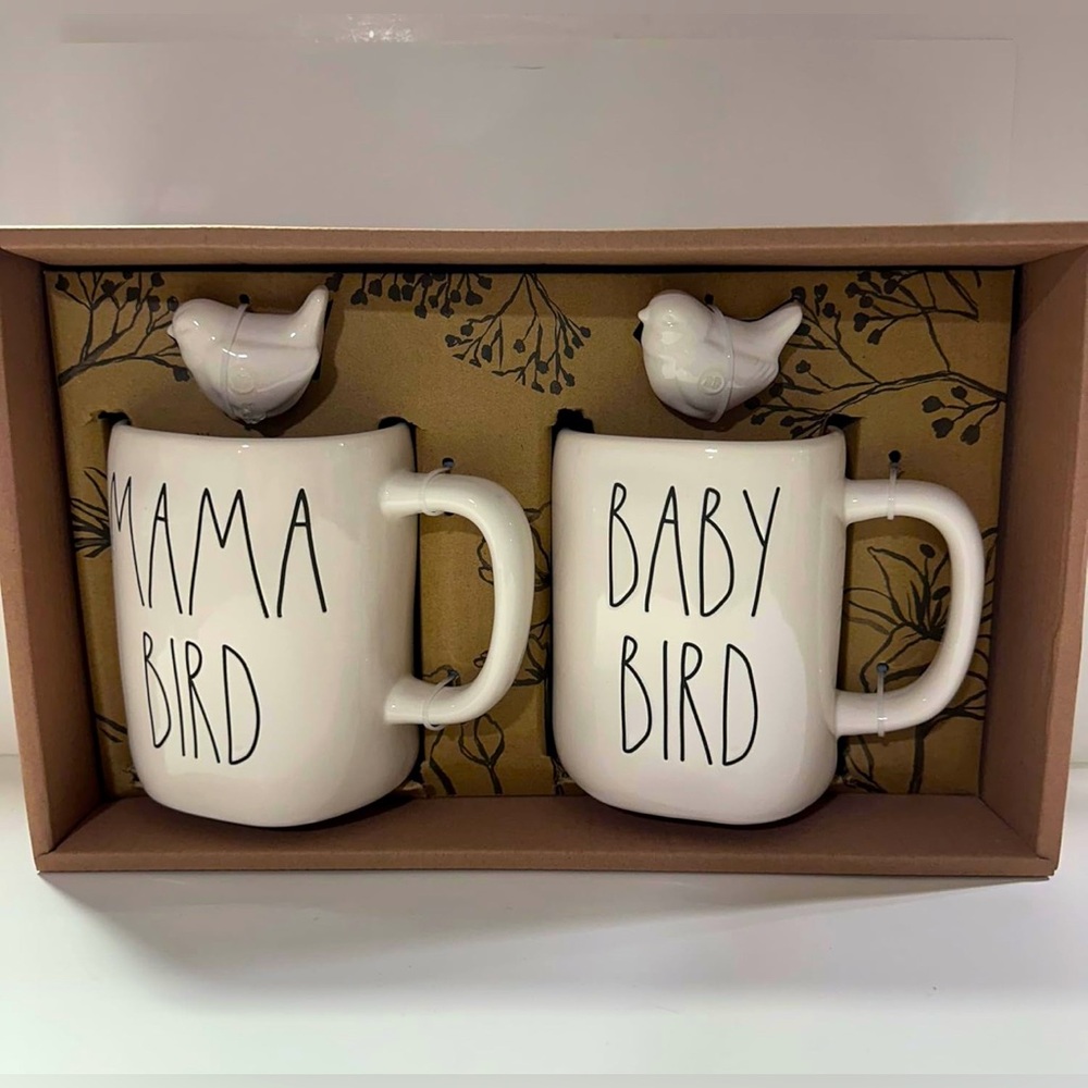 Rae Dunn Mama Bird and Baby Bird Mugs with Bird Charms